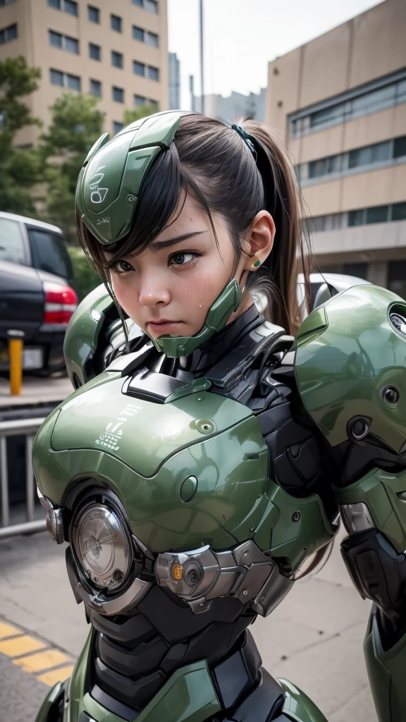  textured skin,  super detailed ,  Attention to Details ,  High Quality , 最 High Quality ,  high res, 1080P,  hard disk ,  beautiful,(There are wires and cables connected to the head and body of the combat machine ), beautifulサイボーグ女性, dark green mecha cyborg girl,battlefield, girl with a machine body ,、A modest junior high school student　 ponytail、 sweaty brown eyes 、Sweaty face、 expression of suffering　 blanking in the heart of the city　 cute　 dark-haired　((Steam coming out of my head)) ( steam coming out of the whole body )  cool pose