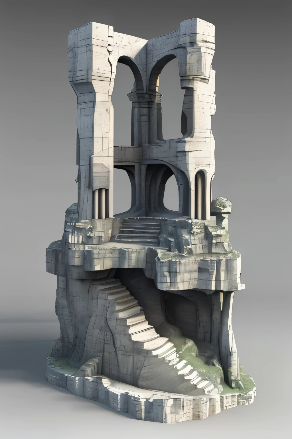  masterpiece , better quality,landscape,Sculpture,design, Raymond Duchamp-Villon style, Rock and Druids ruins , Create as if it were a rendering of prop 3d ,  complete scene on a white background as a 3D rendering of a 3D game dev concept reference