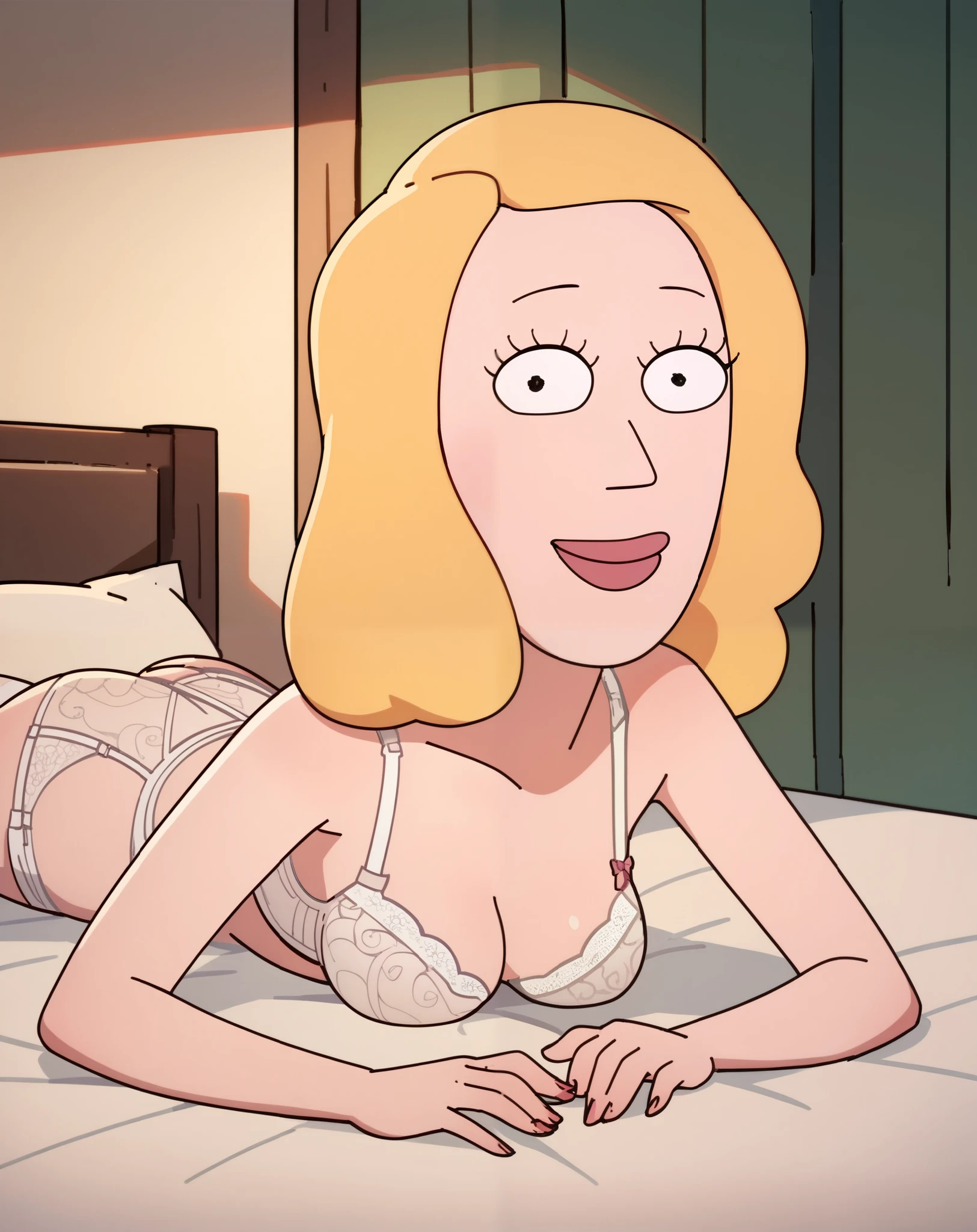 beth, 1girl, blonde hair, ponytail, solo, breasts, lying on stomach, on bed, smile, score_9, score_8_up, score_7_up, score_6_up, score_5_up, score_4_up, looking at viewer, White lingerie, white stockings