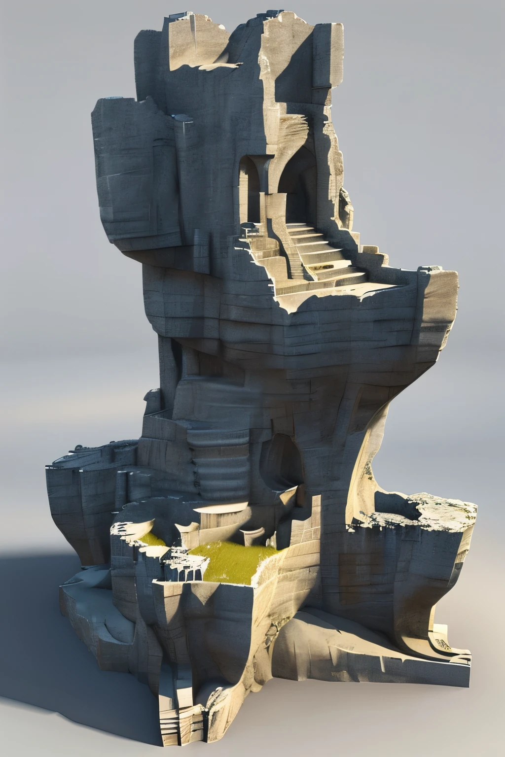  masterpiece , better quality,landscape,Sculpture,design, Raymond Duchamp-Villon style, Rock and Druids ruins , Create as if it were a rendering of prop 3d ,  complete scene on a white background as a 3D rendering of a 3D game dev concept reference