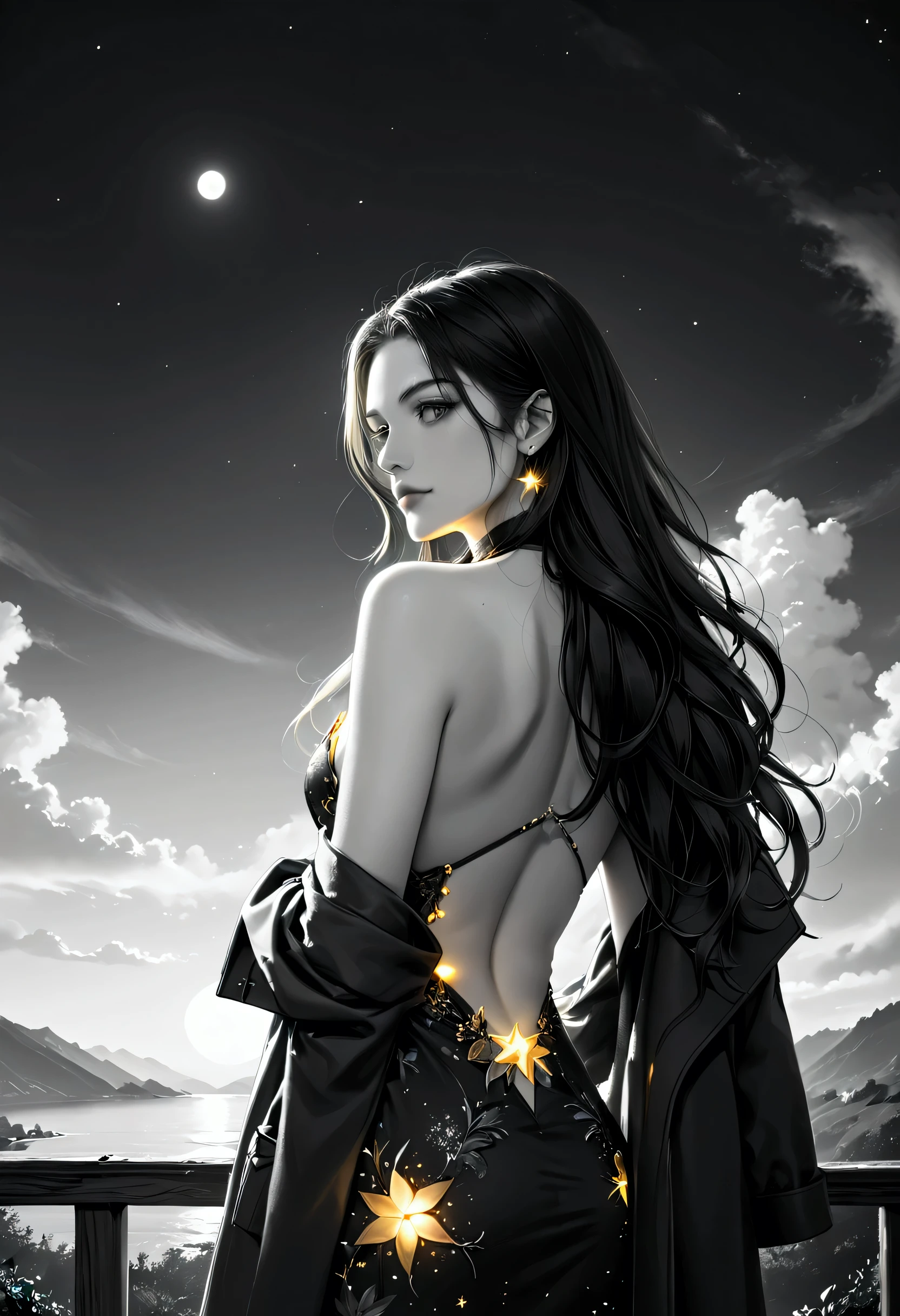 score_9, score_8_up, score_7_up, score_6_up, score_5_up, score_4_up, (black and white art: 1.5) mostly black and white, a picture of a beautiful woman, long hair hair, wearing dark blue dress, with yellow glowing stars on it,  backless dress,  small cleavage, it is night, the moon in the sky, picture taken from the rear (only colors are the coat and the eyes)