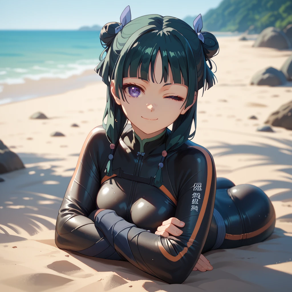 1girl, maomao, beach, black wetsuit, High Resolution, High Quality, middle single bun, medium breasts, Smile, green hair, purple eyes, standing, looking at viewer, closed mouth, one eye closed, prone, crossed arms.