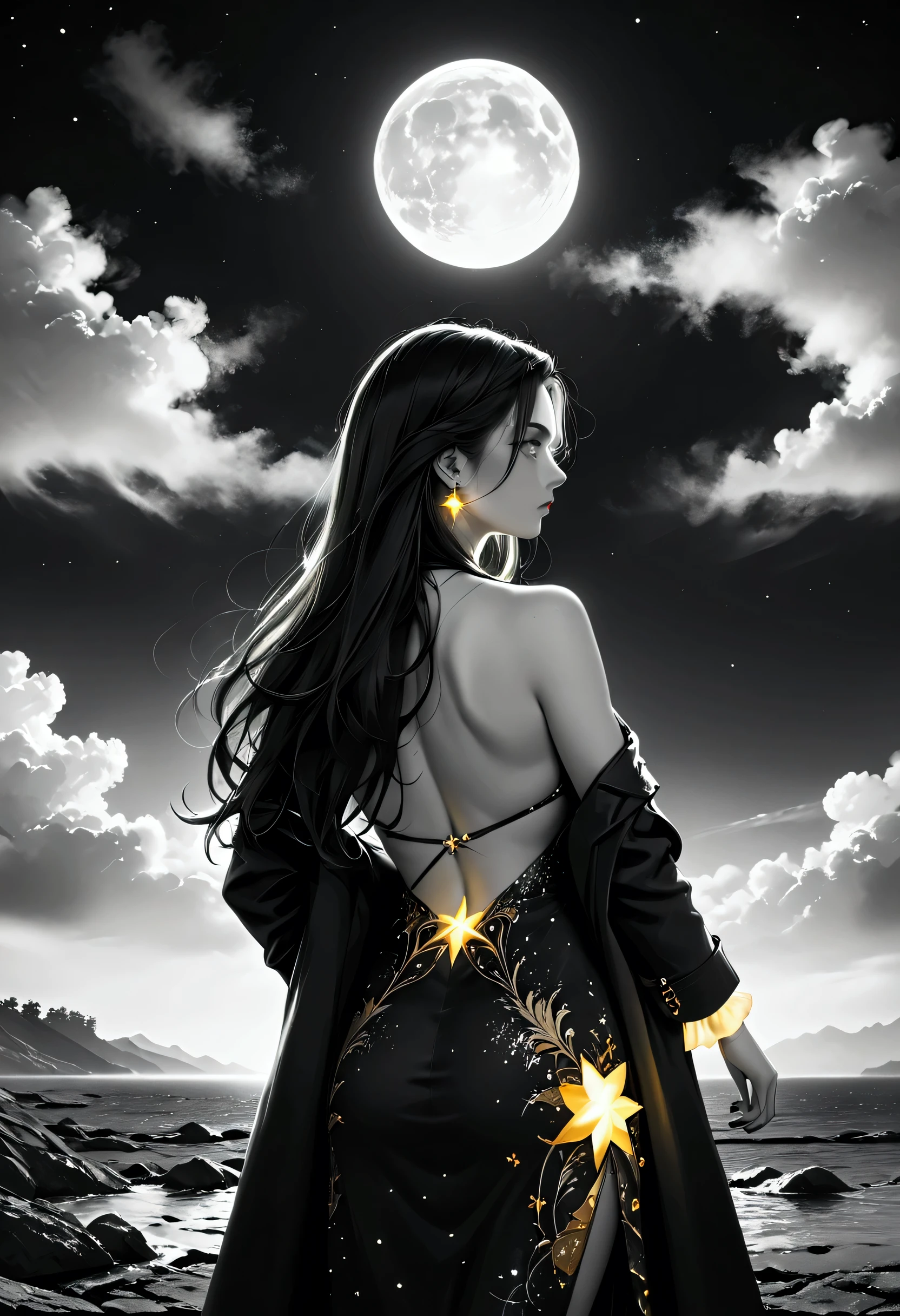 score_9, score_8_up, score_7_up, score_6_up, score_5_up, score_4_up, (black and white art: 1.5) mostly black and white, a picture of a beautiful woman, long hair hair, wearing dark blue dress, with yellow glowing stars on it,  backless dress,  small cleavage, it is night, the moon in the sky, picture taken from the rear (only colors are the coat and the eyes)