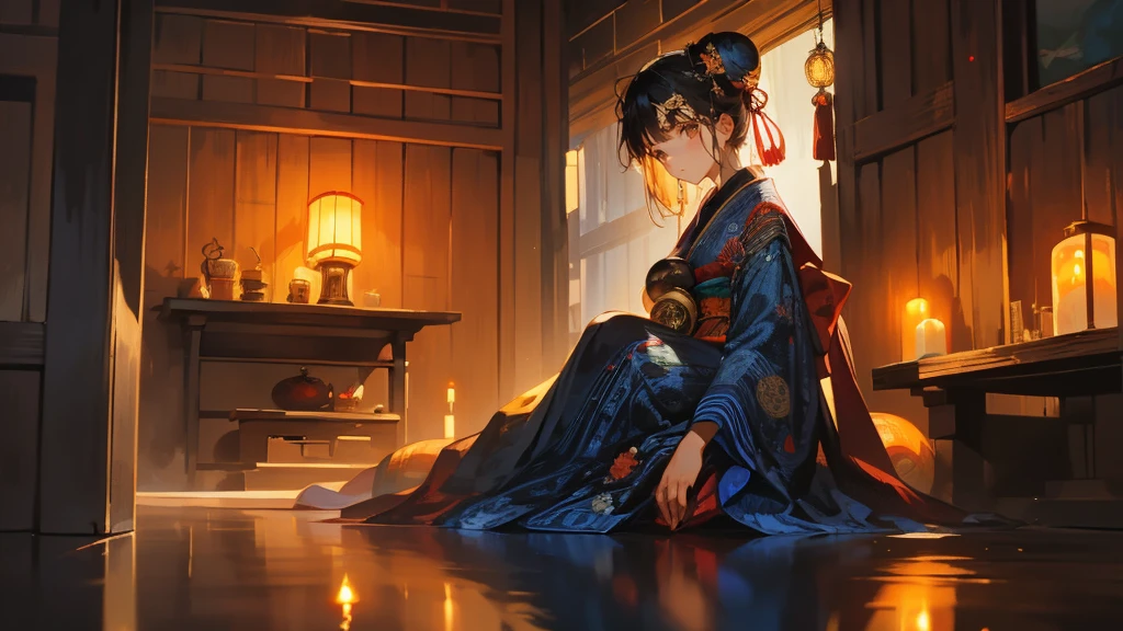 A girl, 1 girl, elaborate navy blue kimono, elaborately decorated ancient-Japanese style bun, black eyes. pose: sitting facing the viewer, on a red cushion,head slightly bowed, playing the shamisen. Setting: traditional Japanese wooden room, wooden floor, Japanese style candle holder. Candle light, dim, soft, orange light, with shadows.