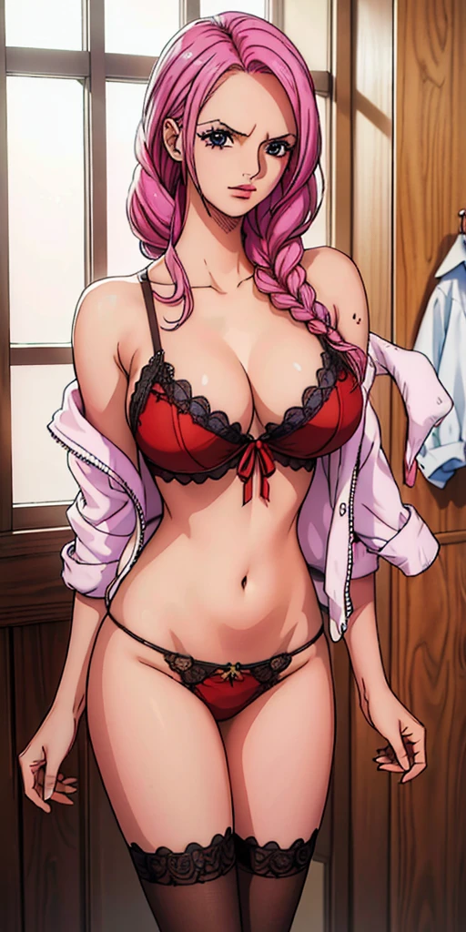 (masterpiece, highres, best quality:1.3), 8K, highly detailed, intricate, colorful, vibrant image, sharp focus, digital blending, 4K, trending on pixiv, Ingrid, (negligee), mature female, 40yo, milf, curvy, (dark skinned female:1.15), dark skin, looking at viewer, pink hair, very long hair, forehead, hair intakes, purple lipstick, makeup, mole under mouth, yellow eyes, perfect eyes, perfect face, ultra detailed hair, ultra detailed face, earrings, ultra detailed lips, large breasts, ultra detailed lipstick, full body