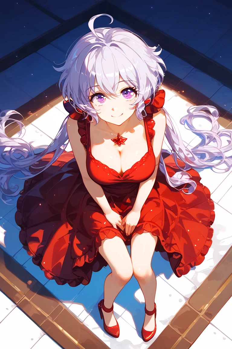 masterpiece, soft light, (((highest quality, perfect anatomy, full body,))), 1girl, dance hall, lot of spotlights, a lot of audiences, BREAK
((( from above,))) ((smile,)) sitting FLAT, BREAK
(super beautiful, cute, silky skin), red dress, sleeveless, miniskirt,, BREAK YukineChris, long hair, purple eyes, twintails, ahoge, large breasts, breast cleavage