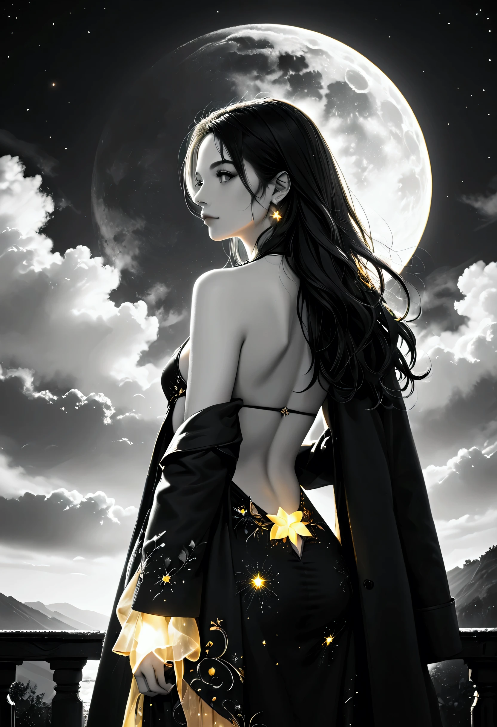 score_9, score_8_up, score_7_up, score_6_up, score_5_up, score_4_up, (black and white art: 1.5) mostly black and white, a picture of a beautiful woman, long hair hair, wearing dark blue dress, with yellow glowing stars on it,  backless dress,  small cleavage, it is night, the moon in the sky, picture taken from the rear (only colors are the coat and the eyes)