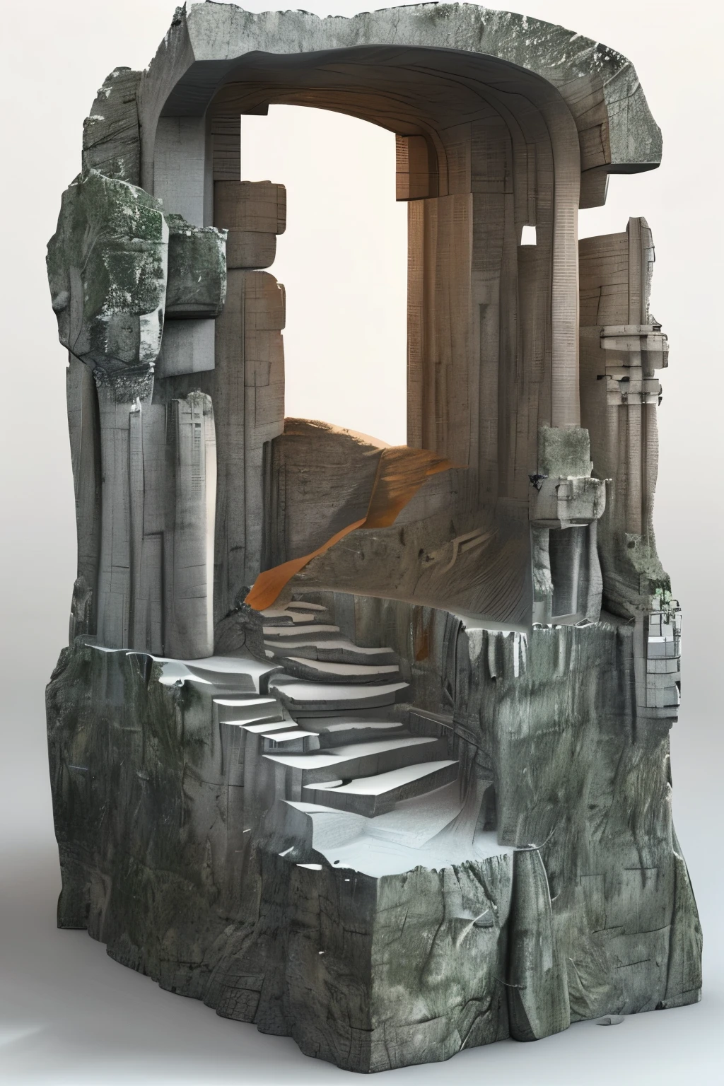  masterpiece , better quality,landscape,Sculpture,design, Raymond Duchamp-Villon style, Rock and Druids ruins , Create as if it were a rendering of prop 3d ,  complete scene on a white background as a 3D rendering of a 3D game dev concept reference