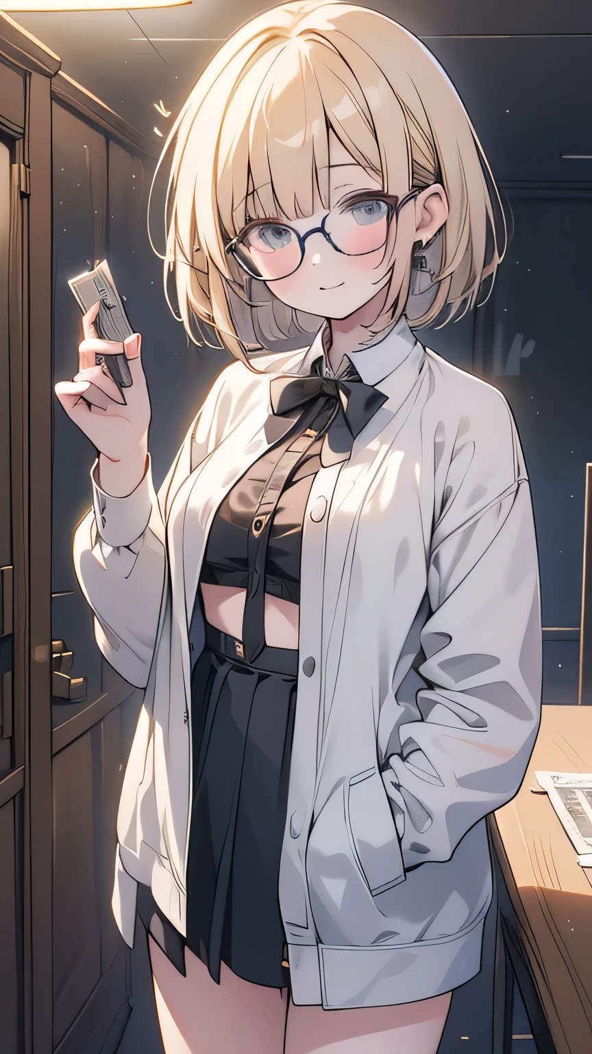 1girl, high school student, solo, large_breasts, blonde bob, glasses, ,bikini, indoor, masterpiece, best quality, very aesthetic, ultra high resolution,(((hdr,uhd,8k,best_quality,masterpiece))),very_aesthetic,absurdres, score_9,score_8_up,cinematic lighting , cinematic angle,