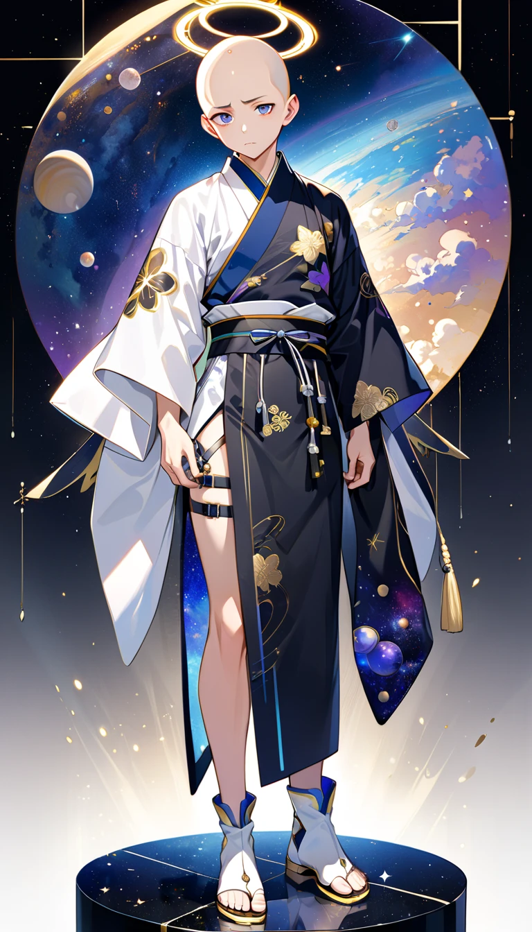 Fresh illustration,
Ultra-fine drawing,
Very delicate illustration,
Very fine details,
One boy,
Full body,
Standing motionless,
Both arms slightly bald,
Height 158cm,
Fair skin,
Right eye is purple,
Left eye is blue,
Odd eyes,
Heterochromie iris,
Beautiful eyes,
Large black pupils,
Short hair,
Blue roots and white hair elsewhere,
Hair with a gradient,
Shiny hair,
Cute face,
Pretty face,
A shining angel halo on the back of the head,
Raised eyebrows,
Upper body in kimono,
Upper body in traditional Japanese clothing,
Masculine build,
Six pack,
Very small breasts,
No breasts,
Lower body in Chinese dress,
Black obi,
Overall white clothes,
Tastefully embroidered with gold thread ,
Clothes with a high-quality texture,
Jock straps,
Thigh straps,
Thigh straps digging into the skin,
White long boots,
Japanese-style toes,
Number of fingers and toes: 5,
Thin waist,
Thin legs,
Isometric,
Golden ratio,
Divine atmosphere,
Wearing an indigo-colored stand-up collared inner,
Outer space,
Galaxy,
Countless small stars,
Tactical use of shadows,
Hairbands on head and hair do not extend beyond the frame,
Clothes do not extend beyond the frame,