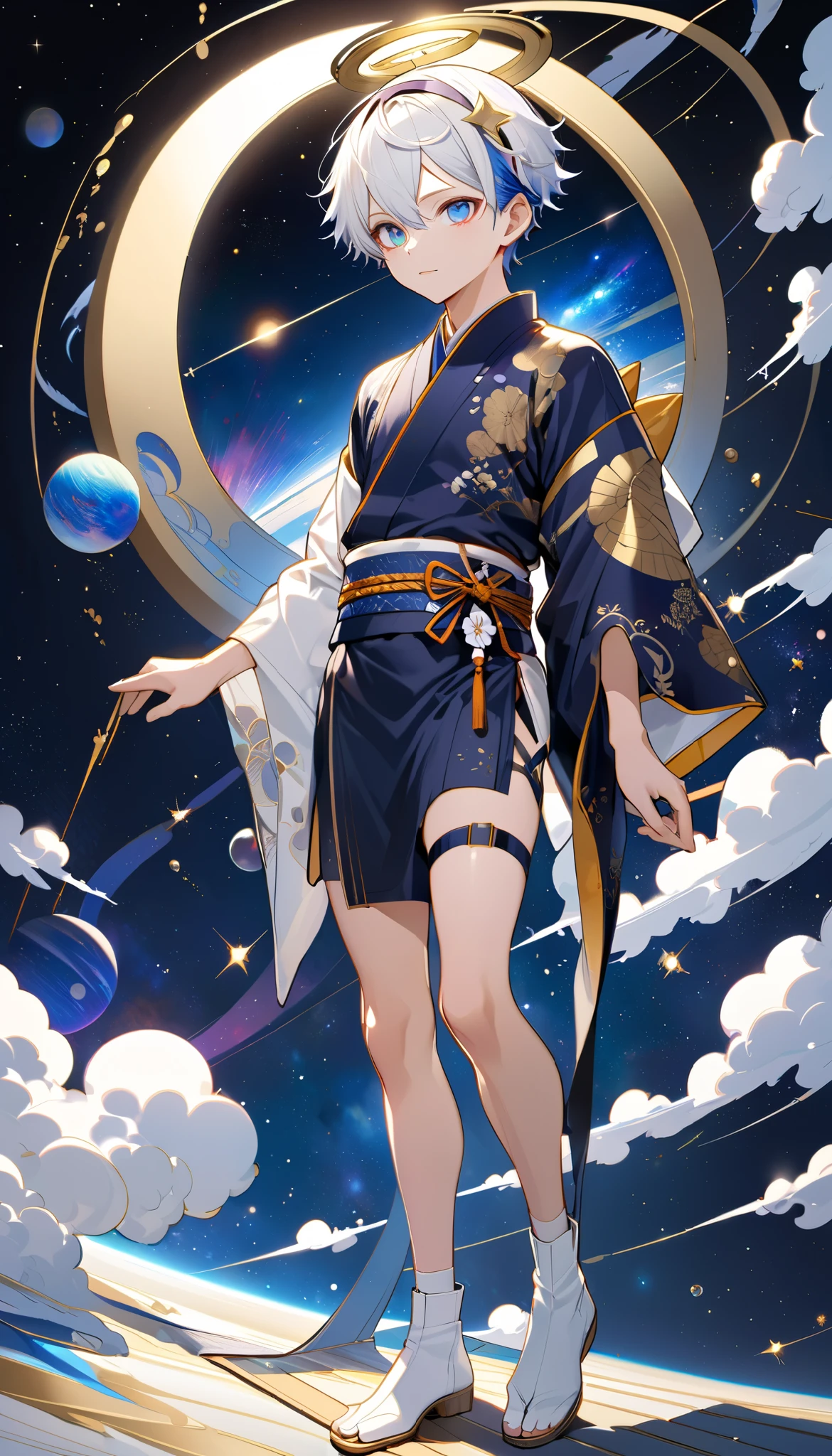 Fresh illustration,
Ultra-fine drawing,
Very delicate illustration,
Very fine details,
One boy,
Full body,
Standing motionless,
Both arms slightly bald,
Height 158cm,
Fair skin,
Right eye is purple,
Left eye is blue,
Odd eyes,
Heterochromie iris,
Beautiful eyes,
Large black pupils,
Short hair,
Blue roots and white hair elsewhere,
Hair with a gradient,
Shiny hair,
Cute face,
Pretty face,
A shining angel halo on the back of the head,
Raised eyebrows,
Upper body in kimono,
Upper body in traditional Japanese clothing,
Masculine build,
Six pack,
Very small breasts,
No breasts,
Lower body in Chinese dress,
Black obi,
Overall white clothes,
Tastefully embroidered with gold thread ,
Clothes with a high-quality texture,
Jock straps,
Thigh straps,
Thigh straps digging into the skin,
White long boots,
Japanese-style toes,
Number of fingers and toes: 5,
Thin waist,
Thin legs,
Isometric,
Golden ratio,
Divine atmosphere,
Wearing an indigo-colored stand-up collared inner,
Outer space,
Galaxy,
Countless small stars,
Tactical use of shadows,
Hairbands on head and hair do not extend beyond the frame,
Clothes do not extend beyond the frame,