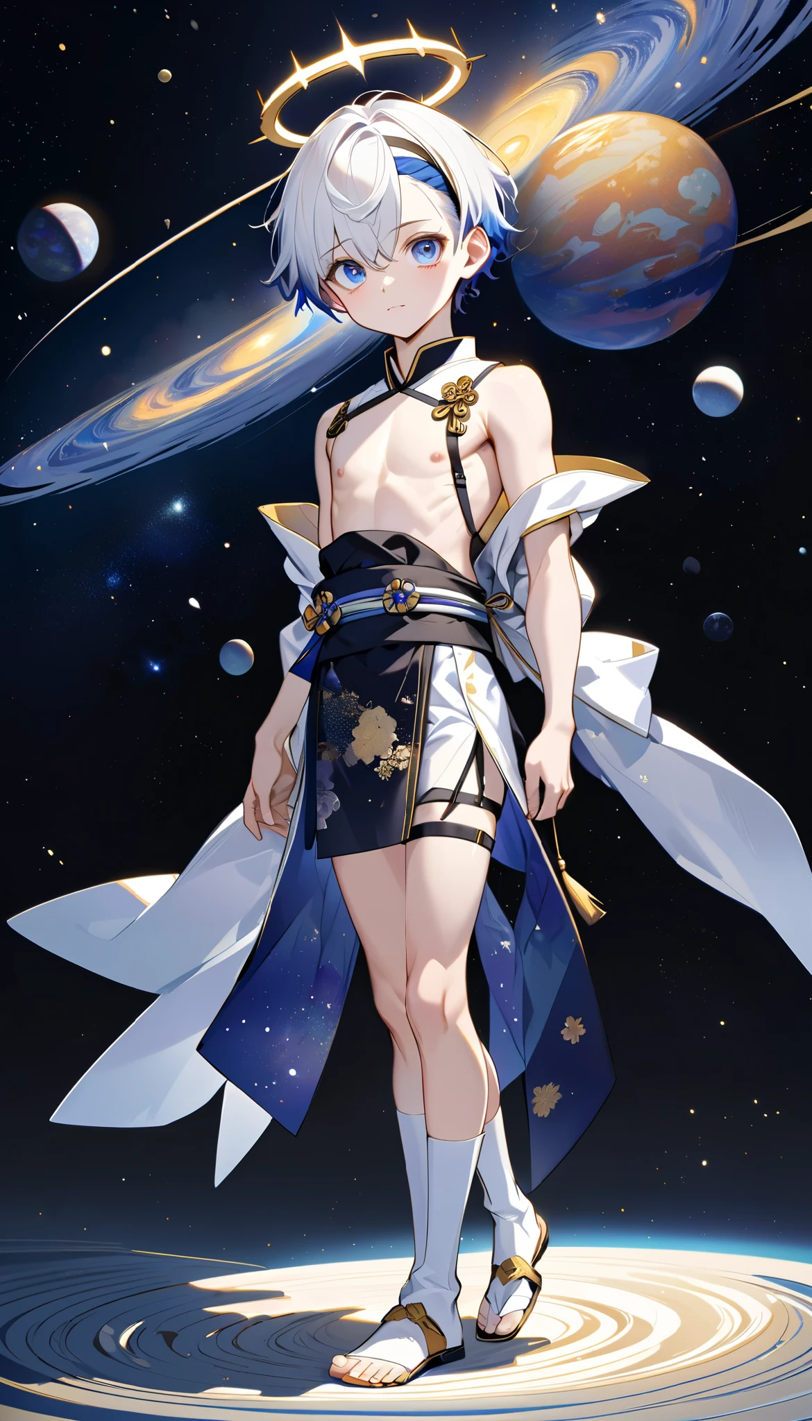 Fresh illustration,
Ultra-fine drawing,
Very delicate illustration,
Very fine details,
One boy,
Full body,
Standing motionless,
Both arms slightly bald,
Height 158cm,
Fair skin,
Right eye is purple,
Left eye is blue,
Odd eyes,
Heterochromie iris,
Beautiful eyes,
Large black pupils,
Short hair,
Blue roots and white hair elsewhere,
Hair with a gradient,
Shiny hair,
Cute face,
Pretty face,
A shining angel halo on the back of the head,
Raised eyebrows,
Upper body in kimono,
Upper body in traditional Japanese clothing,
Masculine build,
Six pack,
Very small breasts,
No breasts,
Lower body in Chinese dress,
Black obi,
Overall white clothes,
Tastefully embroidered with gold thread ,
Clothes with a high-quality texture,
Jock straps,
Thigh straps,
Thigh straps digging into the skin,
White long boots,
Japanese-style toes,
Number of fingers and toes: 5,
Thin waist,
Thin legs,
Isometric,
Golden ratio,
Divine atmosphere,
Wearing an indigo-colored stand-up collared inner,
Outer space,
Galaxy,
Countless small stars,
Tactical use of shadows,
Hairbands on head and hair do not extend beyond the frame,
Clothes do not extend beyond the frame,