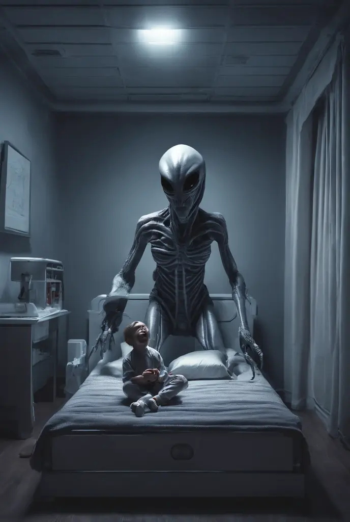 boy sleeping, and a television-type screen is projected onto the wall where there are two blue-colored Grey aliens, wearing a dark blue tight t-shirt