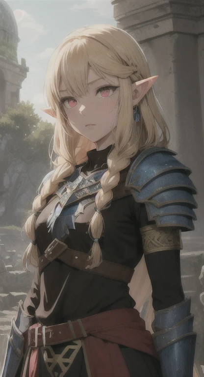 Ancient Hylian, Yggdrasil Knight, blind Hylia, blonde, blank red eyes, blank red pupils, Devine braids, looking at viewer, long messy hair, ancient Hyrule, ancient armor, Palace,