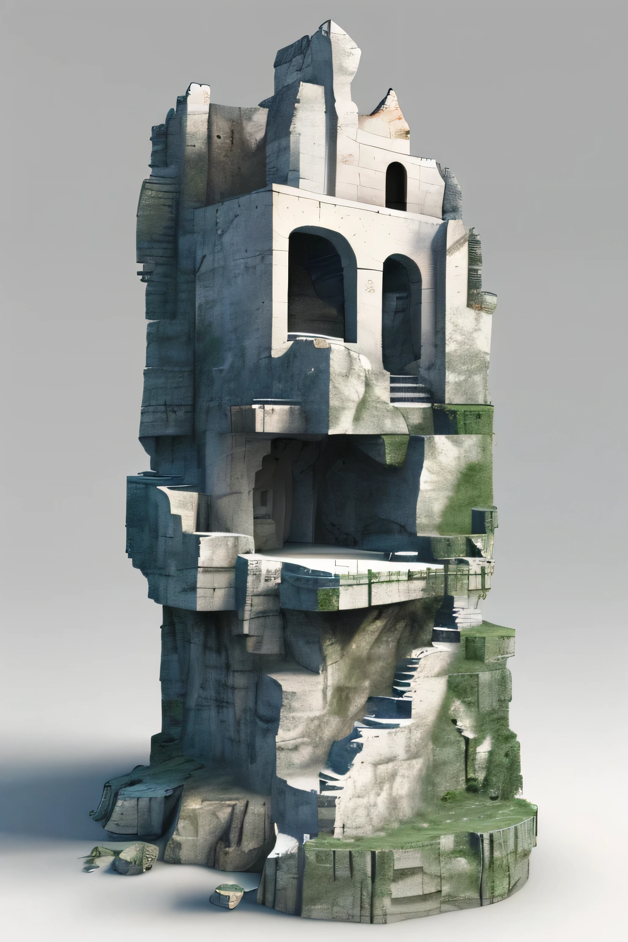  masterpiece , better quality,landscape,Sculpture,design, Raymond Duchamp-Villon style, Rock and Druids ruins , Create as if it were a rendering of prop 3d ,  complete scene on a white background as a 3D rendering of a 3D game dev concept reference