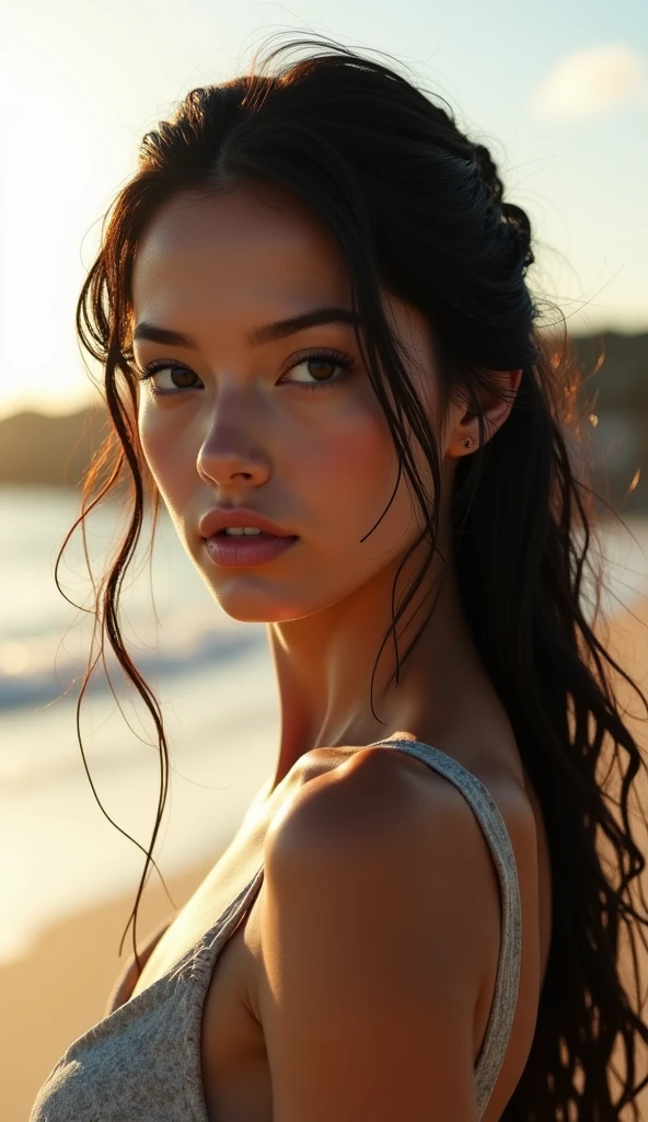 ((close up of face))、(((space background)))、high quality, Real engine, female grappler, (big breasts), toned abdominal muscles, white skin, black ponytail, Aggressive, sweating, Blood vessel, (((White and black bikini))), in combat settings, fighting pose、ready to fight, combat genius, 4K, Invincible, greatest fighter, fight pose, ready to fight pose, bring it on, eyes focused on the camera、masterpiece, 最high quality, high quality, High resolution、realistic、(movie lighting)、Detail emphasis, beautiful lighting、sharp focus、various poses、超detailed face、fine eyes、more hair、black hair、long hair、beautiful hairstyle、detailed face、chest exposure、cleavage、(big breasts)、incredibly stupid, ridiculous, (((White and black bikini))), ((space background))、((close up of face))