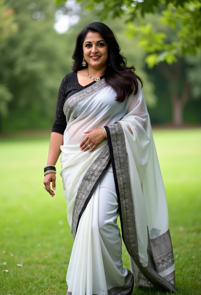 Indian mature Wife with a huge round and long cleavage line visible in a  folded  saree, white and black saree,her round navel visibile,HDR, 8k, hyperdetailed, best quality, ultra-high resolution, HDR, curved body, 8k, walking on the lawn , look at viewer, having perfect breasts, ( perfect anatomy with little chubby), wavy hair, bright smile, showing boobs breast in saree, seducing, asking for Sex