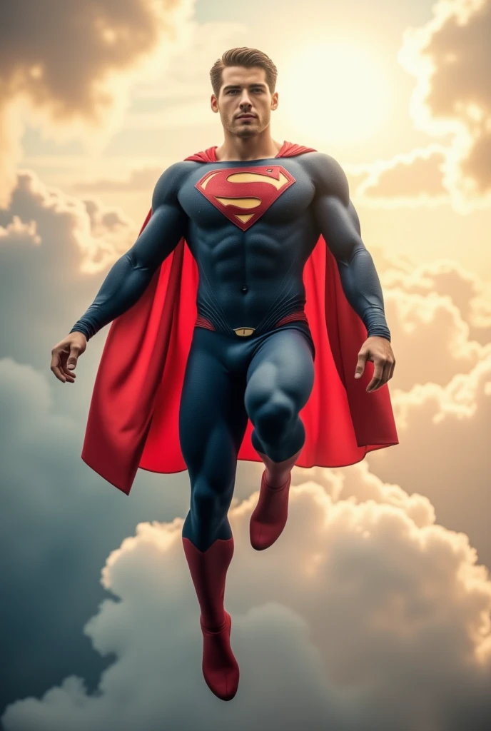 Cody Christian dressed in a clasic Superman costume, red superhero boots, he is floating in the air with a cloudy sky behind him, superman pose, superman, superman costume, superman is high, super high resolution, superhero body, superman emerging from the sun, Cody Christian as superman,