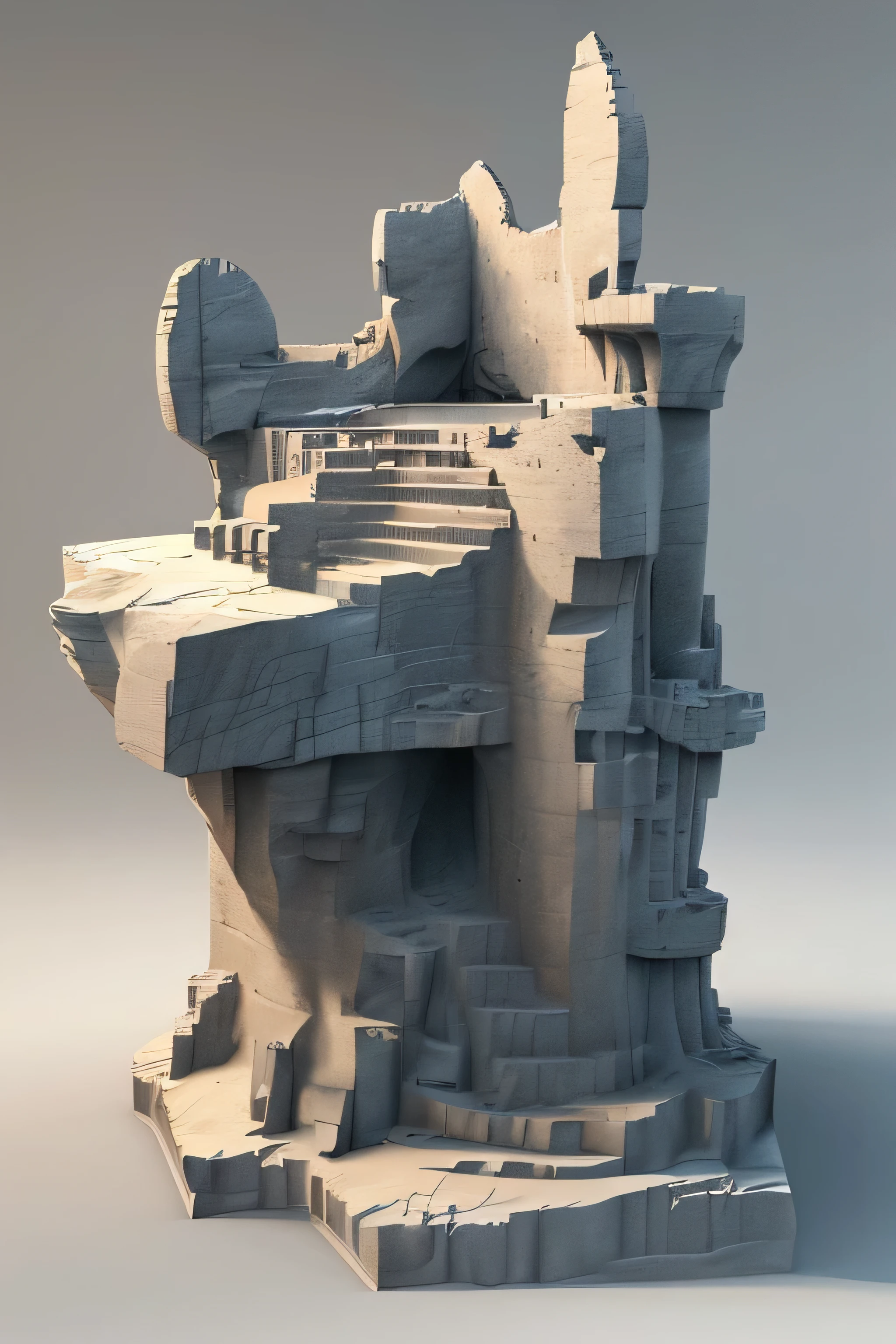  masterpiece , better quality,landscape,Sculpture,design, Raymond Duchamp-Villon style, Rock and Druids ruins , Create as if it were a rendering of prop 3d ,  complete scene on a white background as a 3D rendering of a 3D game dev concept reference