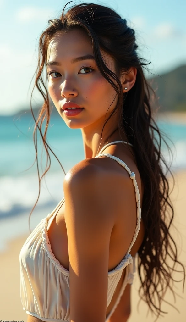 ((highest quality)), ((masterpiece)), (be familiar with), ((tanned skin))、Perfect Miss Universe face、18 year old beautiful woman, long brown hair, full body photo, ((big breasts))、looking at the camera、Big eyes、 White color half cup bra,high leg thong lingerie, captivating gaze, chuckle、((Lie down on Waikiki Beach and look up at the sky))、