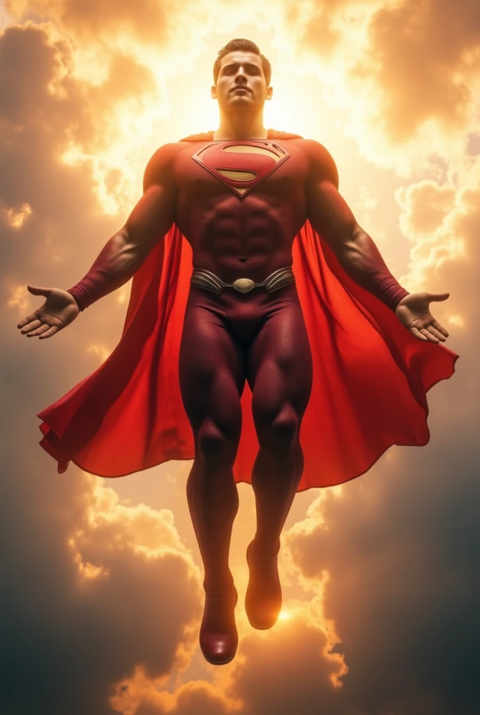 Cody Christian with an undercut haircut combed back, short beard, dressed in a clasic Superman costume, red superhero boots, he is floating in the air with a cloudy sky behind him, superman pose, superman, superman costume, superman is high, super high resolution, superhero body, superman emerging from the sun, Cody Christian as superman,