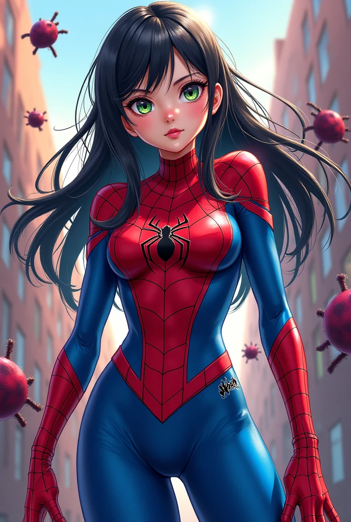 Chubby brunette girl, yellowish green zombie themed spiderman