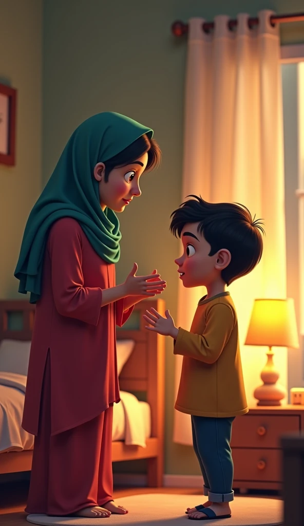 A mom muslim scolded one boy wear short blue uniform 3d at home close up