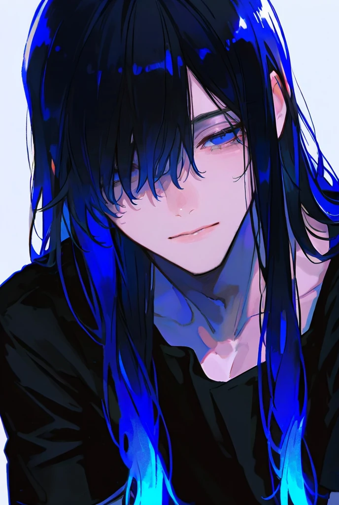  1 adult male, black hair,  long hair, dark blue gradation, hair that hides one eye,  blue eyes,  simple background, black shirt 