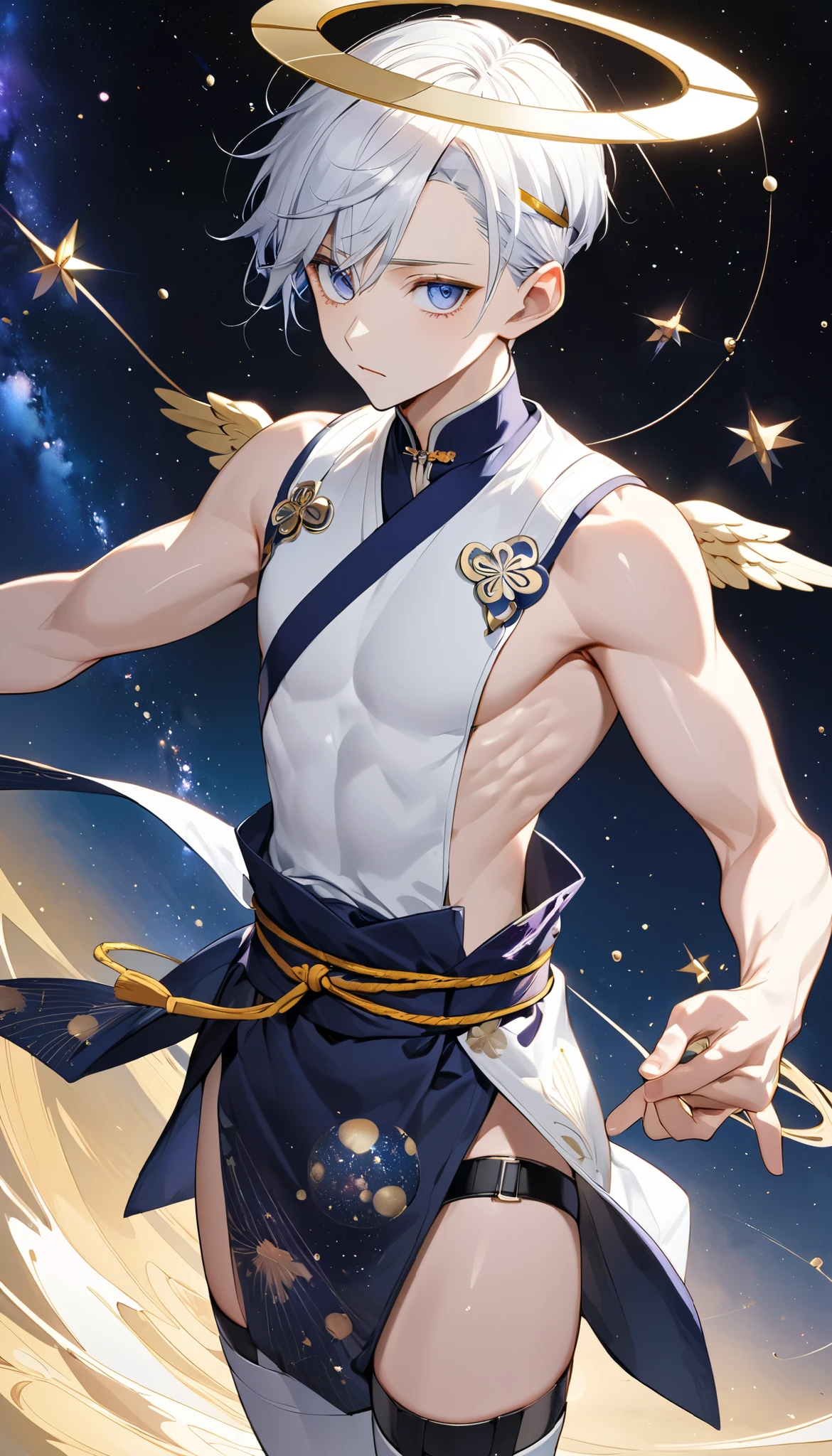 Fresh illustration,
Ultra-fine drawing,
Very delicate illustration,
Very fine details,
One boy,
Full body,
Standing motionless,
Both arms slightly bald,
Height 158cm,
Fair skin,
Right eye is purple,
Left eye is blue,
Odd eyes,
Heterochromie iris,
Beautiful eyes,
Large black pupils,
Short hair,
Blue roots and white hair elsewhere,
Hair with a gradient,
Shiny hair,
Cute face,
Pretty face,
A shining angel halo on the back of the head,
Raised eyebrows,
Upper body in kimono,
Upper body in traditional Japanese clothing,
Masculine build,
Six pack,
Very small breasts,
No breasts,
Lower body in Chinese dress,
Black obi,
Overall white clothes,
Tastefully embroidered with gold thread ,
Clothes with a high-quality texture,
Jock straps,
Thigh straps,
Thigh straps digging into the skin,
White long boots,
Japanese-style toes,
Number of fingers and toes: 5,
Thin waist,
Thin legs,
Isometric,
Golden ratio,
Divine atmosphere,
Wearing an indigo-colored stand-up collared inner,
Outer space,
Galaxy,
Countless small stars,
Tactical use of shadows,
Hairbands on head and hair do not extend beyond the frame,
Clothes do not extend beyond the frame,