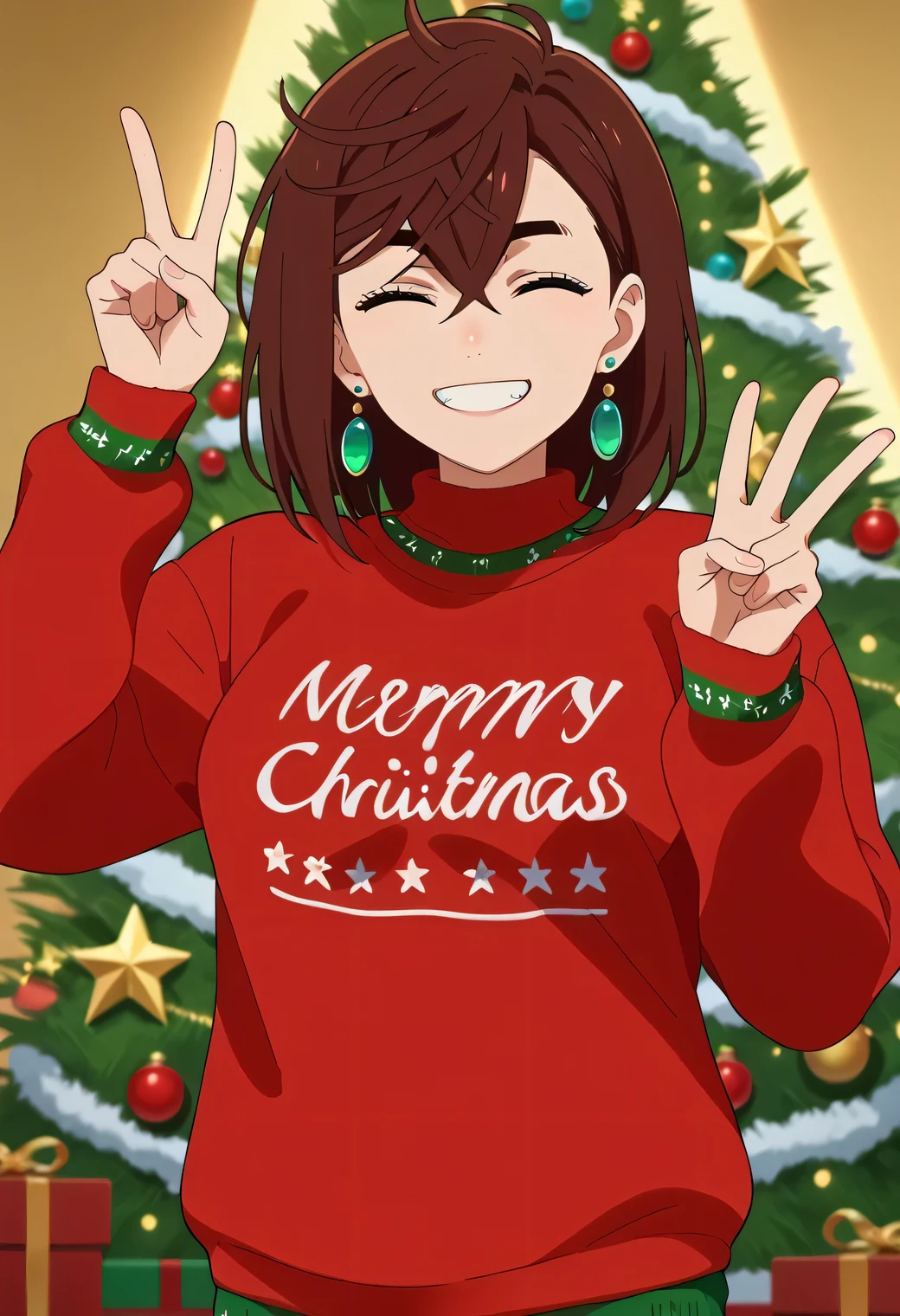 score_9, score_8_up, score_7_up, anime screencap, source_anime, 1girl, solo, KJOmomo, brown hair, dark eyes, medium hair, hair between eyes, thick eyebrows, earrings, (Beautiful, medium Breasts:1.2), christmas sweater, christmas, ugly sweater, print sweater, red sweater, christmas tree, christmas ornaments, sweater, multicolored sweater, v, smile, hands up, teeth, closed eyes, cowboy shot, dutch angle, cowboy shot
