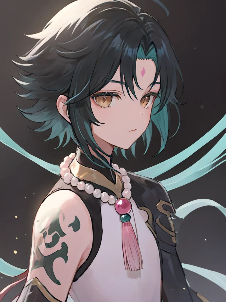 ultra-detailed,(best quality),((masterpiece)),(highres),original,extremely,(\xiao\),1boy, solo, male SOLO woman.. jewelry,  gloves, beads, bead necklace, ahoge, bangs,tassel, woman body hair: wavy short Hair color: with short black hair and inner pink hair,