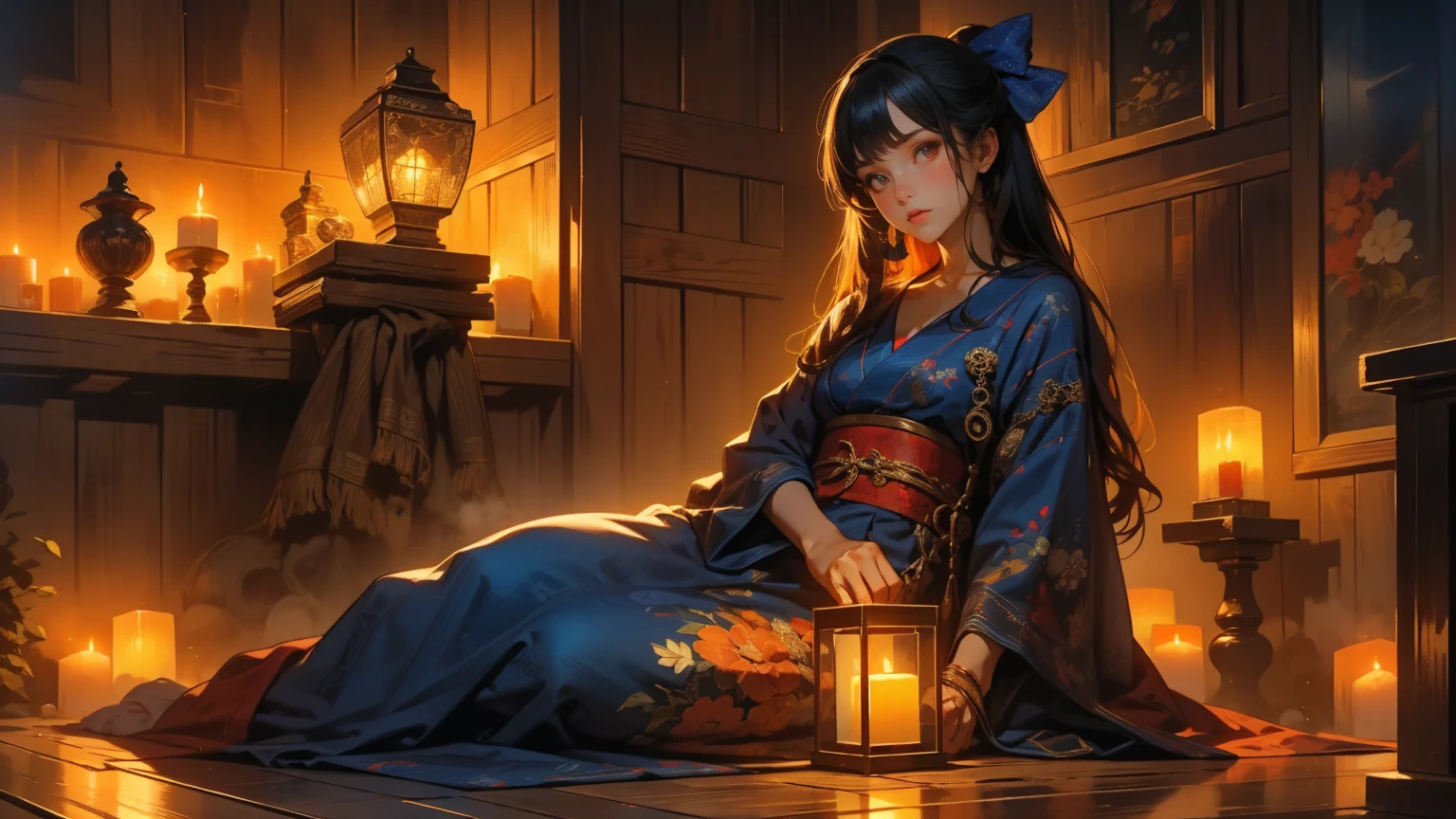 A girl, 1 girl, elaborate navy blue kimono, elaborately decorated ancient-Japanese hair, black eyes. pose: sitting facing the viewer, on a red cushion,head slightly bow,playing the shamisen. Setting: Night, traditional Japanese wooden room, wooden floor, Japanese style candle holder. Candle light, dim, soft, orange light, with shadows.