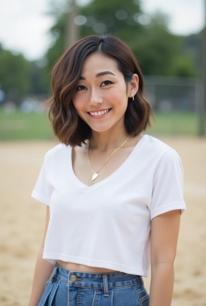 karfuku, on a volleyball field,  She has a , inviting smile, revealing her straight, white teeth with mid, wavy, dark brown hair cascading over her shoulders. She is dressed in a white, tight, sports top, and denim Mid Rise Pleated Skirt. She accessorizes with a gold necklace with a heart pendant. full body, cowboy shot on a Sony Alpha 1 dslr 8k camera. there is a slight bokeh effect and film grain. she is looking at the viewer. Breasts. Pale skin, fat