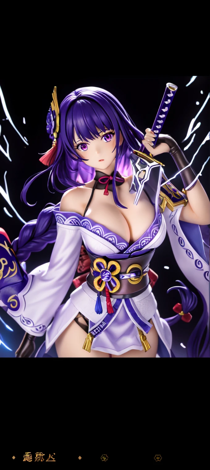 Raiden Shogun,, Side chest, (bare leg: 1.8), Japanese clothing, thick thighs, purple hair, long hair, Genshin shock, looking at the audience, Meibodai, Raiden Mei \(Thunder Hand\),, Hair between the eyes, 1 girl, Solo, (Raiden Shogun:1.4), purple hair, purple eyes, bangs, braids, braided ponytail, breasts, hair accessories, Japanese clothing, symmetrical eyes, (ulzzang-6500:0.7), upper body, (solo: 1.2), (Japanese cities: 1.1), (hands on lips: 1.1), (gigantic_breasts: 1.3), pumping, thighs and thighs, some milky white liquid at the corners of the mouth, pregnancy, shame, full body, collar --auto --s2