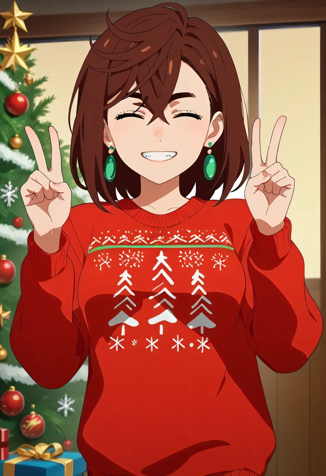 score_9, score_8_up, score_7_up, anime screencap, source_anime, 1girl, solo, KJOmomo, brown hair, dark eyes, medium hair, hair between eyes, thick eyebrows, earrings, (Beautiful, medium Breasts:1.2), christmas sweater, christmas, ugly sweater, print sweater, red sweater, christmas tree, christmas ornaments, sweater, multicolored sweater, v, smile, hands up, teeth, closed eyes, cowboy shot, dutch angle, cowboy shot
