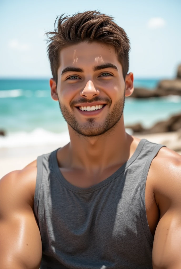 a lean skinny shirtless 18-year old caucasian boy wearing jeans, crewcut brunette hair, cute face, green eyes, tanned skin, smiling, drenched by seawater, running at the beach, half-body