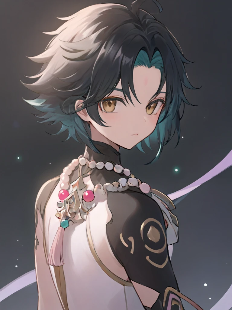 ultra-detailed,(best quality),((masterpiece)),(highres),original,extremely,(\xiao\),1boy, solo, male SOLO woman.. jewelry,  gloves, beads, bead necklace, ahoge, bangs,tassel, woman body hair: wavy short Hair color: with short black hair and inner pink hair,