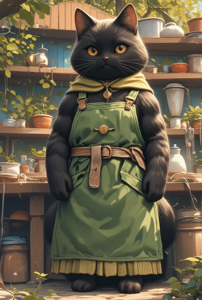 (A large male black cat with a slightly menacing yet gentle appearance) is depicted tending to a vibrant garden. He wears a cozy brown hoodie under a thick, moss-green apron that shows signs of frequent use, with dirt stains and fading patches. His sharp, piercing eyes, which convey a sense of wisdom and warmth, survey the flourishing scene before him. The garden is a verdant oasis, teeming with colorful flowers that sway gently in the breeze and tall sunflowers that tower over the cat, casting playful shadows. A rustic wooden barrel filled with fresh rainwater stands to the side, reflecting rippling sunlight. Scattered around are terracotta pots containing various herbs, and the earth is rich with healthy, dark soil. Wisps of lavender scent the air, mingling with the fresh aroma of mint and rosemary. Nearby, a stone path winds through the garden, leading to a quaint, weathered bench under a sprawling oak tree, its leaves whispering secrets of the seasons past. The setting sun casts a warm, golden hue over the scene, creating an atmosphere of serene tranquility.