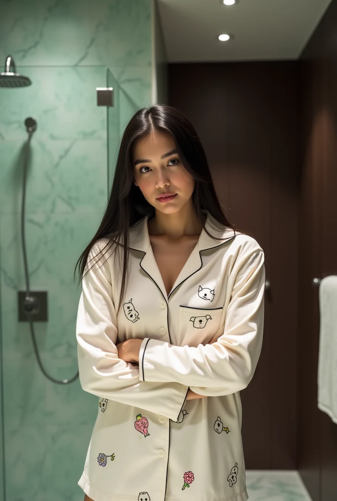 A beautiful youthful looking Filipino version of Ariana Grande as a 50 years old woman with long curly completely gray hair as the superhero Daisy Johnson from Agents of S.H.I.E.L.D wearing a bathrobe leaning on a wall hold a gun in her hands pointing it at another woman protect a young man behind her