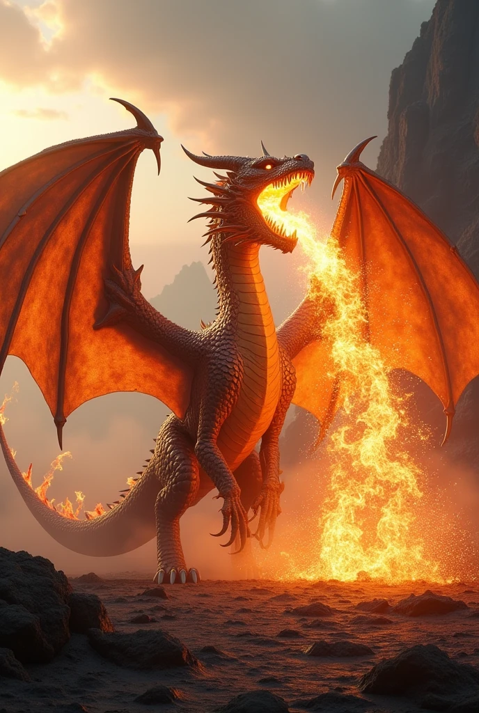 A dragon standing and throwing fire in air