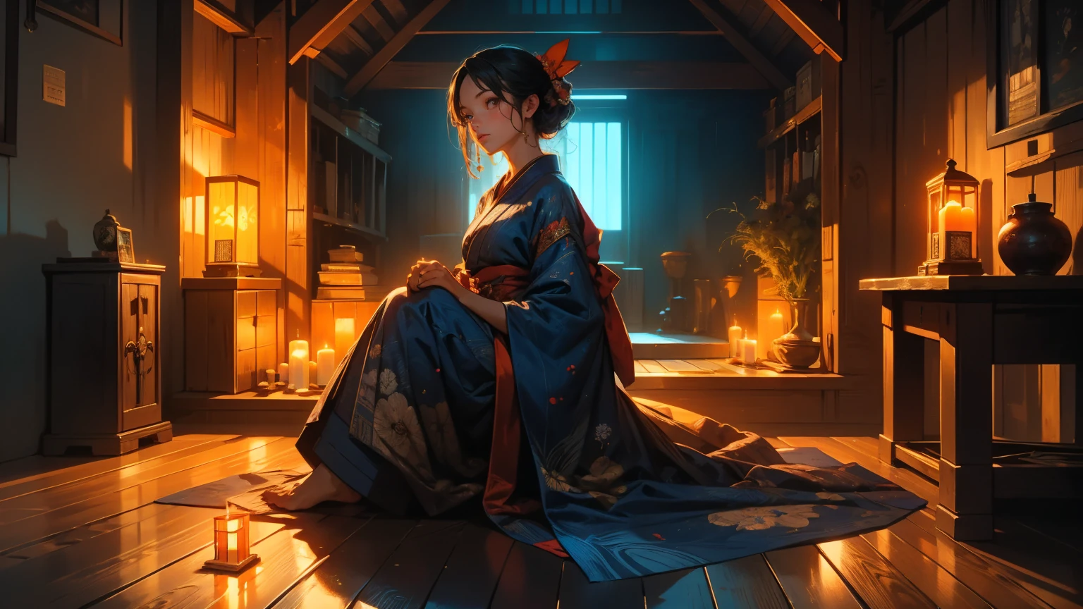 A girl, 1 girl, elaborate navy blue kimono, elaborately decorated ancient-Japanese hair, black eyes. pose: sitting facing the viewer, on a red cushion,head slightly bow,playing the shamisen. Setting: Night, traditional Japanese wooden room, wooden floor, Japanese style candle holder. Candle light, dim, soft, orange light, with shadows.