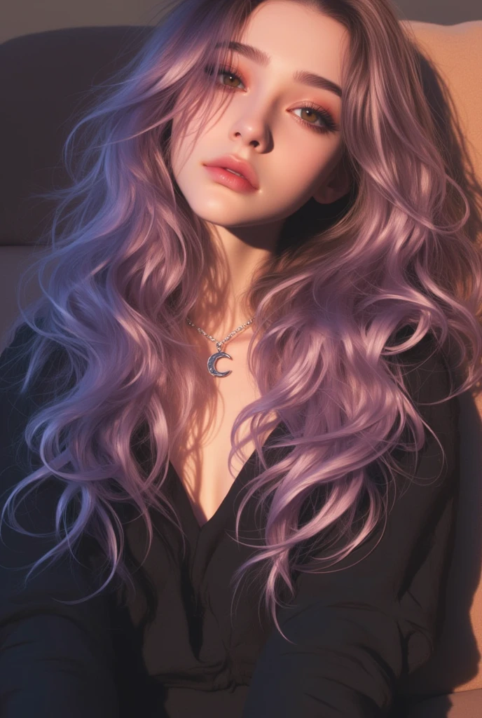 A beautiful young  woman with long silver purplish hair, pale skin, freckless and violet eyes. Has mole under her left eye. Wearing a black dress and moon necklace. Posing, sitting on the couch in an apartment with warm lighting. High quality, semi realism art, avoid blank stares and add some expression on the character's face.