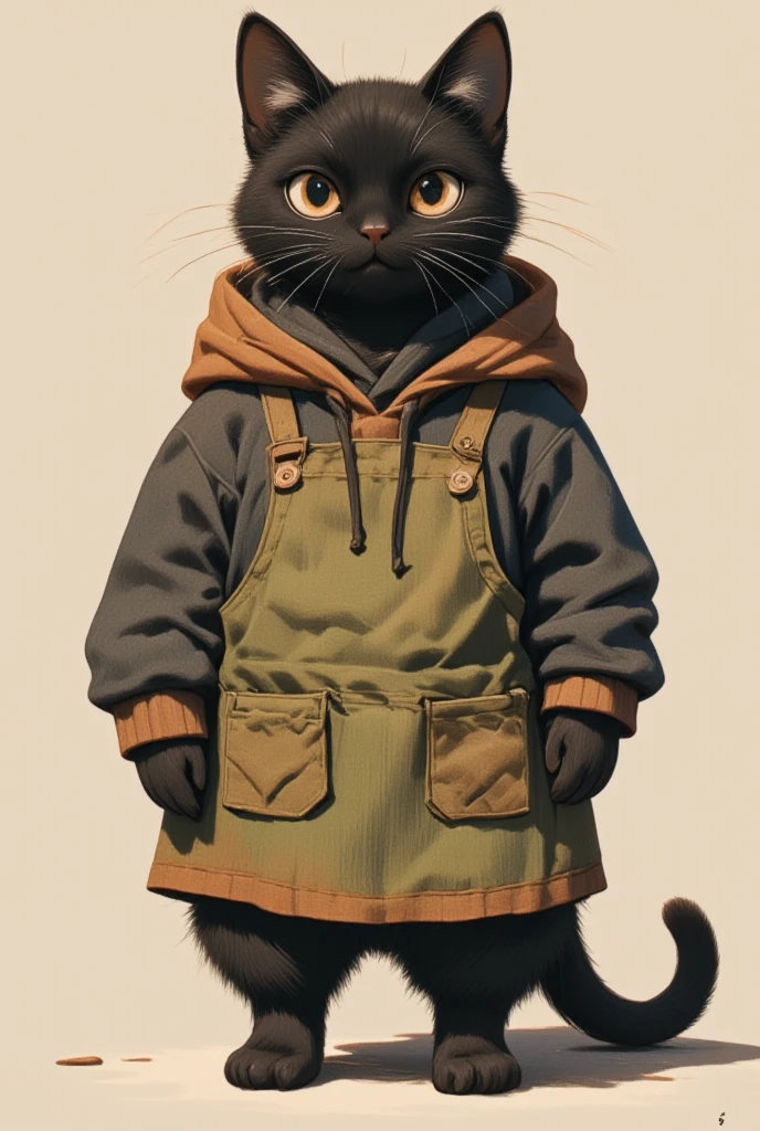 Illustration of a big black cat wearing a brown hoodie and a thick moss green apron,Illustration of a large black cat wearing a thick moss green apron with long, slender eyes on the side ,:3