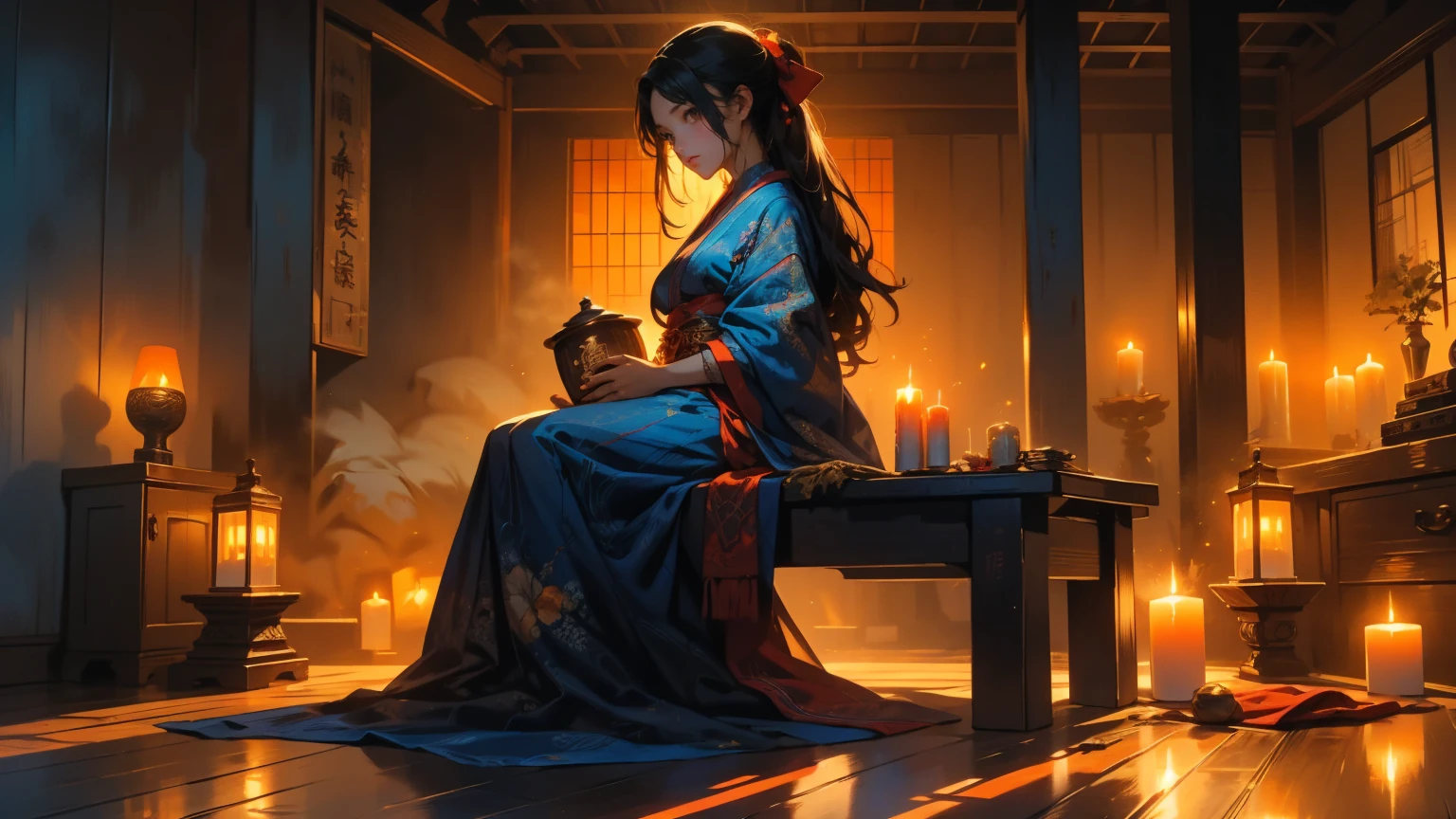 A girl, 1 girl, elaborate navy blue kimono, elaborately decorated ancient-Japanese hair, black eyes. pose: sitting facing the viewer, on a red cushion,head slightly bow,playing the shamisen. Setting: Night, traditional Japanese wooden room, wooden floor, Japanese style candle holder. Candle light, dim, soft, orange light, with shadows.