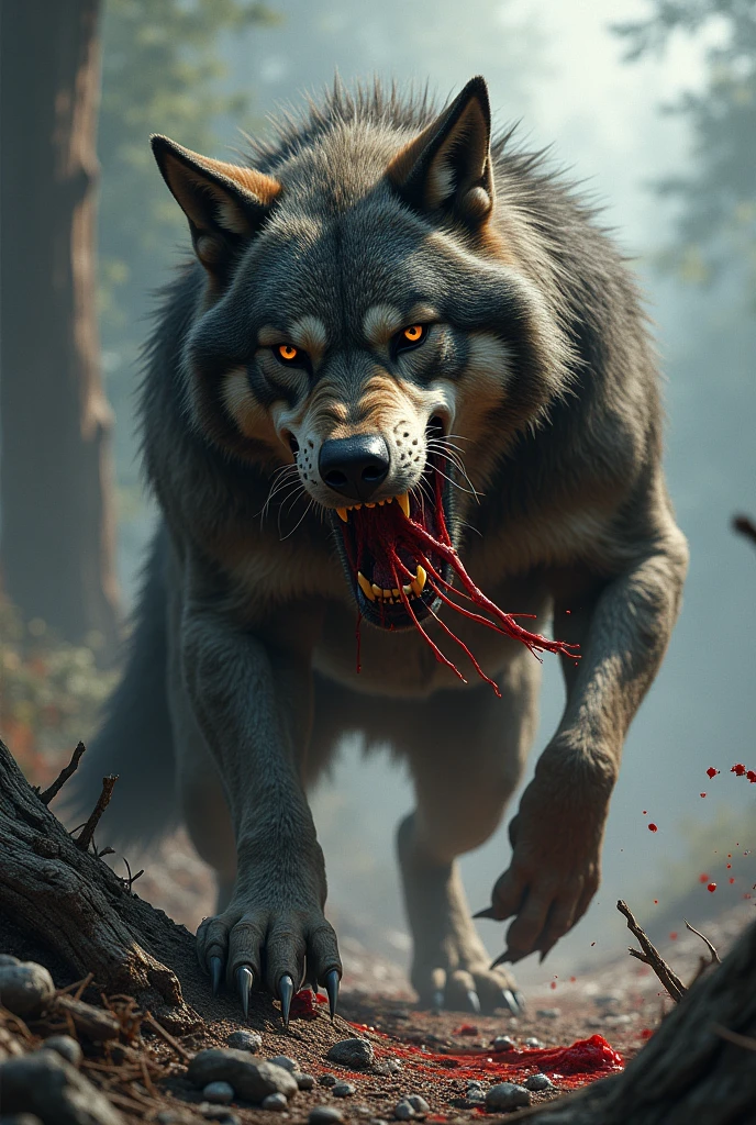 Create realistic wolf black bloody face and scars on face and full body with saliva in mouth with one blind eye is in white colour.