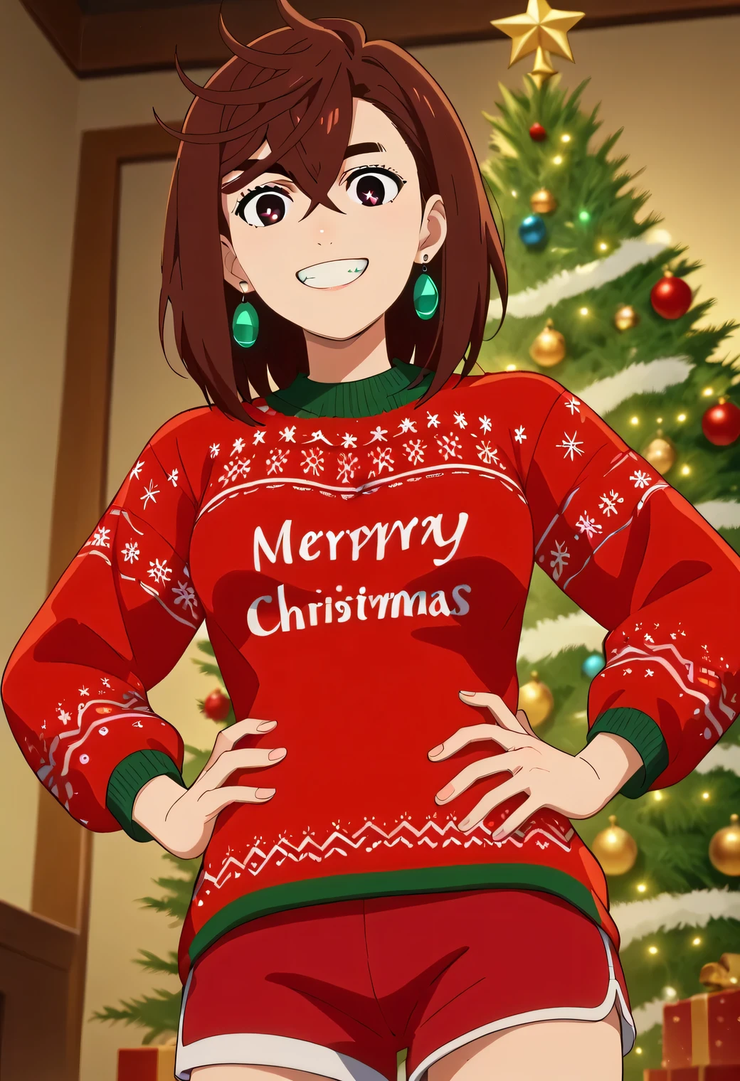 score_9, score_8_up, score_7_up, anime screencap, source_anime, 1girl, solo, KJOmomo, brown hair, dark eyes, medium hair, hair between eyes, thick eyebrows, earrings, (Beautiful, medium Breasts:1.2), christmas sweater, christmas, ugly sweater, print sweater, red sweater, christmas tree, christmas ornaments, sweater, multicolored sweater, v, smile, teeth, cowboy shot, dutch angle, cowboy shot, standing, red shorts, red_shorts, christmas pattern, hands on hip
