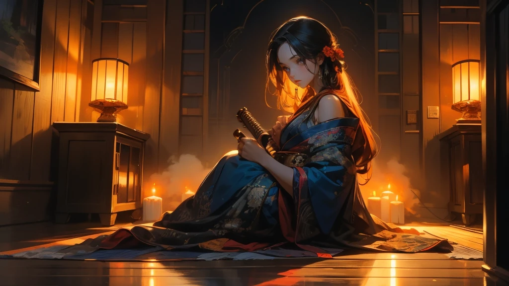 A girl, 1 girl, elaborate navy blue kimono, elaborately decorated ancient-Japanese hair, black eyes. pose: sitting facing the viewer, on a red cushion,head slightly bow,playing the shamisen. Setting: Night, traditional Japanese wooden room, wooden floor, 1Japanese style candle holder. Candle light, dim, soft, orange light, with shadows.