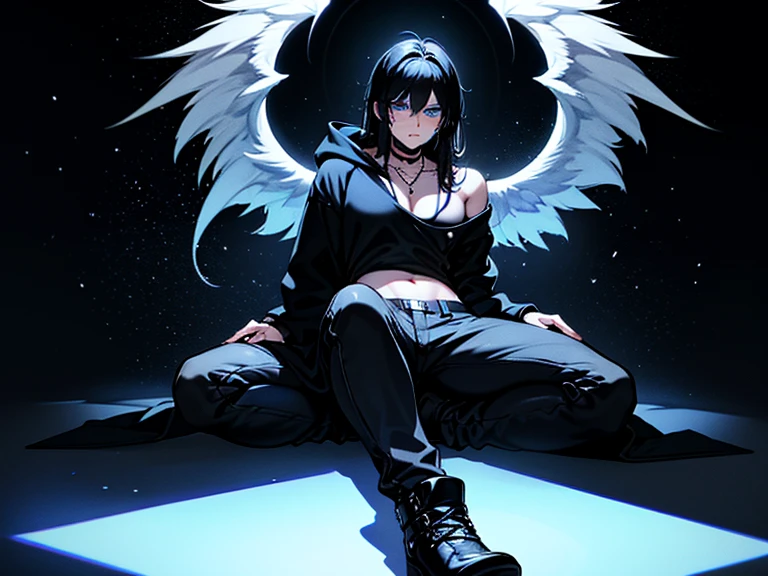 A trans male angel .  He has big black wings ,  black shoulder-length hair ,  grey-blue eyes ,  he is 28 years old ,  he is wearing a black hoodie ,  who is too big and hangs over his butt and hips .  Under the black hoodie he wears black jeans on his feet and he has black boots on .  The hoodie makes the breasts easy to see .  he has a female face .  He wears a necklace around his neck ,  The pendant is a pair of silver angels .  He wears a silver ring on his finger and leather bracelets on both wrists .  He is sitting on a black cloud against a black background with snowflakes and bright yellow stars.  The picture should be a wallpaper .