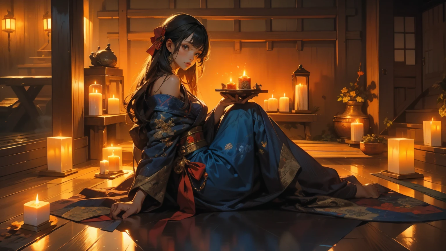 A girl, 1 girl, elaborate navy blue kimono, elaborately decorated ancient-Japanese hair, black eyes. pose: sitting facing the viewer, on a red cushion,head slightly bow,playing the shamisen. Setting: Night, traditional Japanese wooden room, wooden floor, 1(Japanese style candle holder). Candle light, dim, soft, orange light, with shadows.