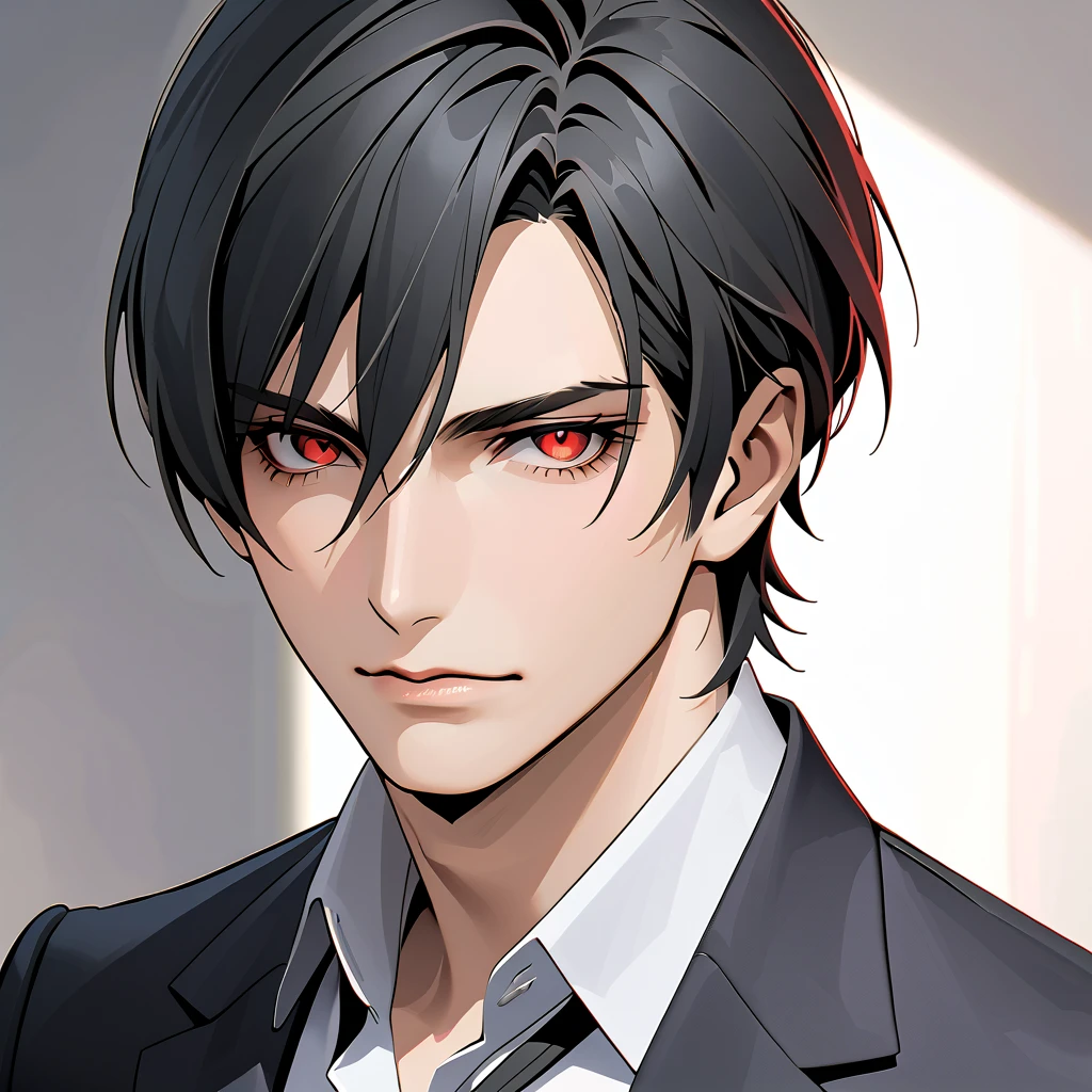    black hair,    sharp eye, Lewd Eyes, male　  red eyes　 short hair　   handsome, ,   business suit 　 portrait　  upper body　  snapshot　  cowboy shot 